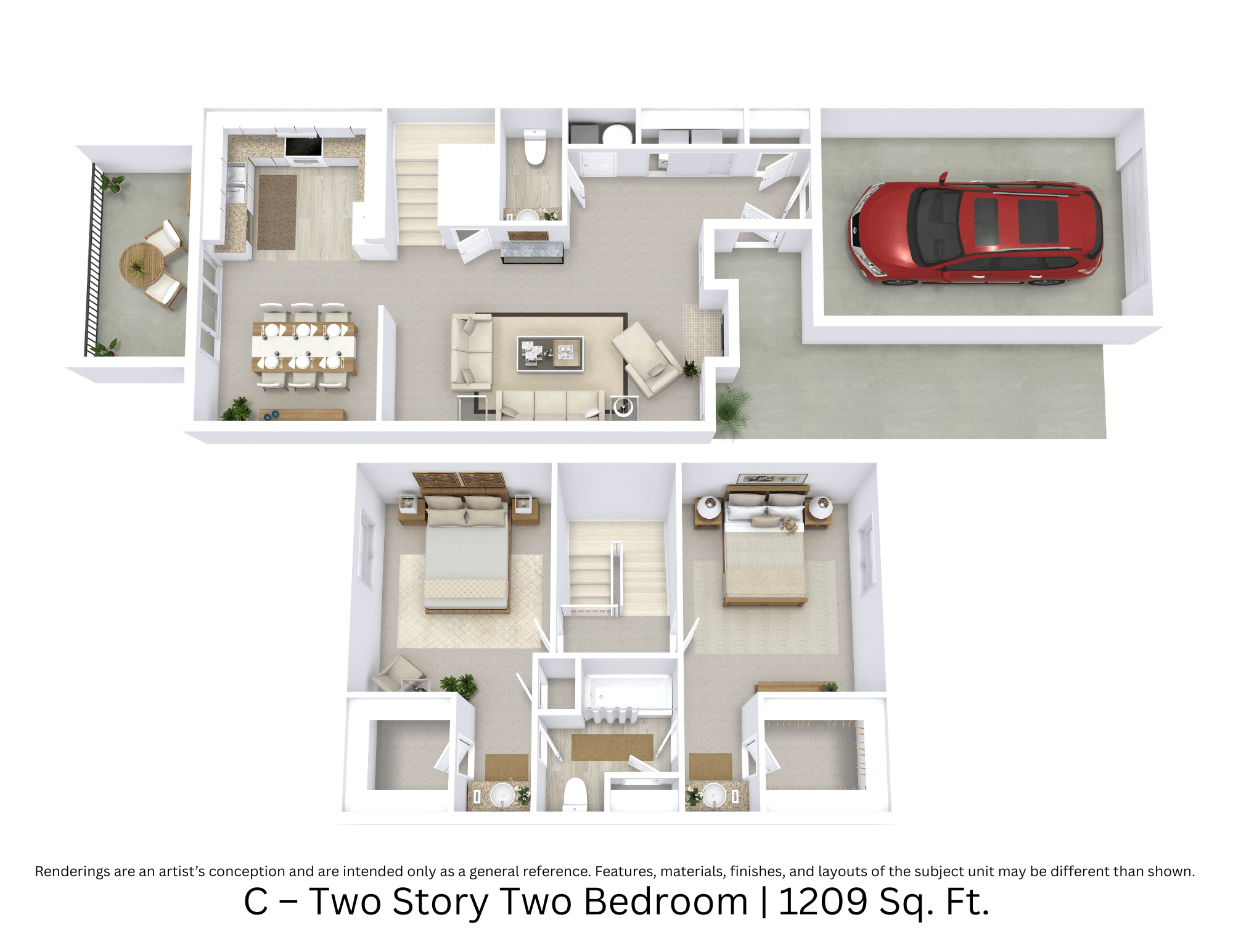 Floor plan for 2 beds, 1.5 baths, 1209 sqft